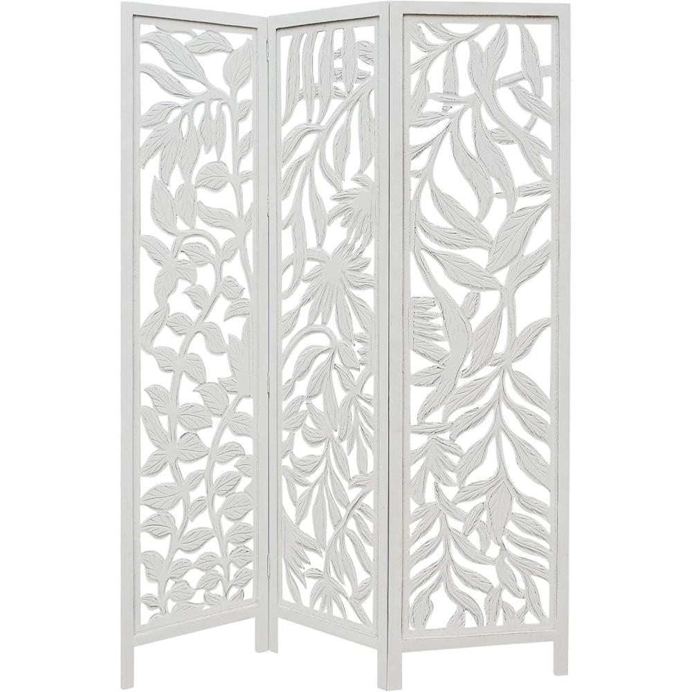image:imageRoom Divider Wood Screen  Chitra Antique Pewter  4 Panel Folding 72 x 80  Hand Carved Decorative Functional Versatile Portable Partition Reversible Freestanding Small Spaces  COTTON CRAFTTropical Flora  Antique White
