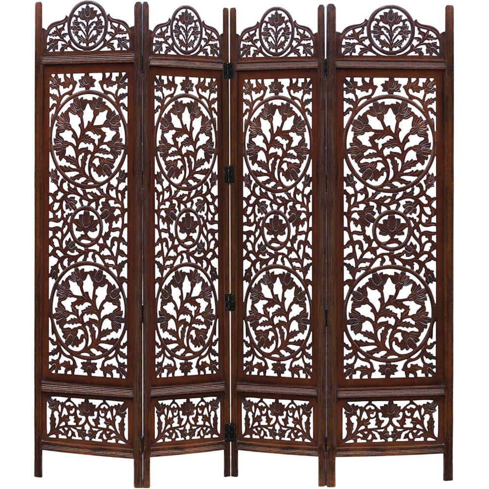 image:imageRoom Divider Wood Screen  Chitra Antique Pewter  4 Panel Folding 72 x 80  Hand Carved Decorative Functional Versatile Portable Partition Reversible Freestanding Small Spaces  COTTON CRAFTKamal  Antique Brown