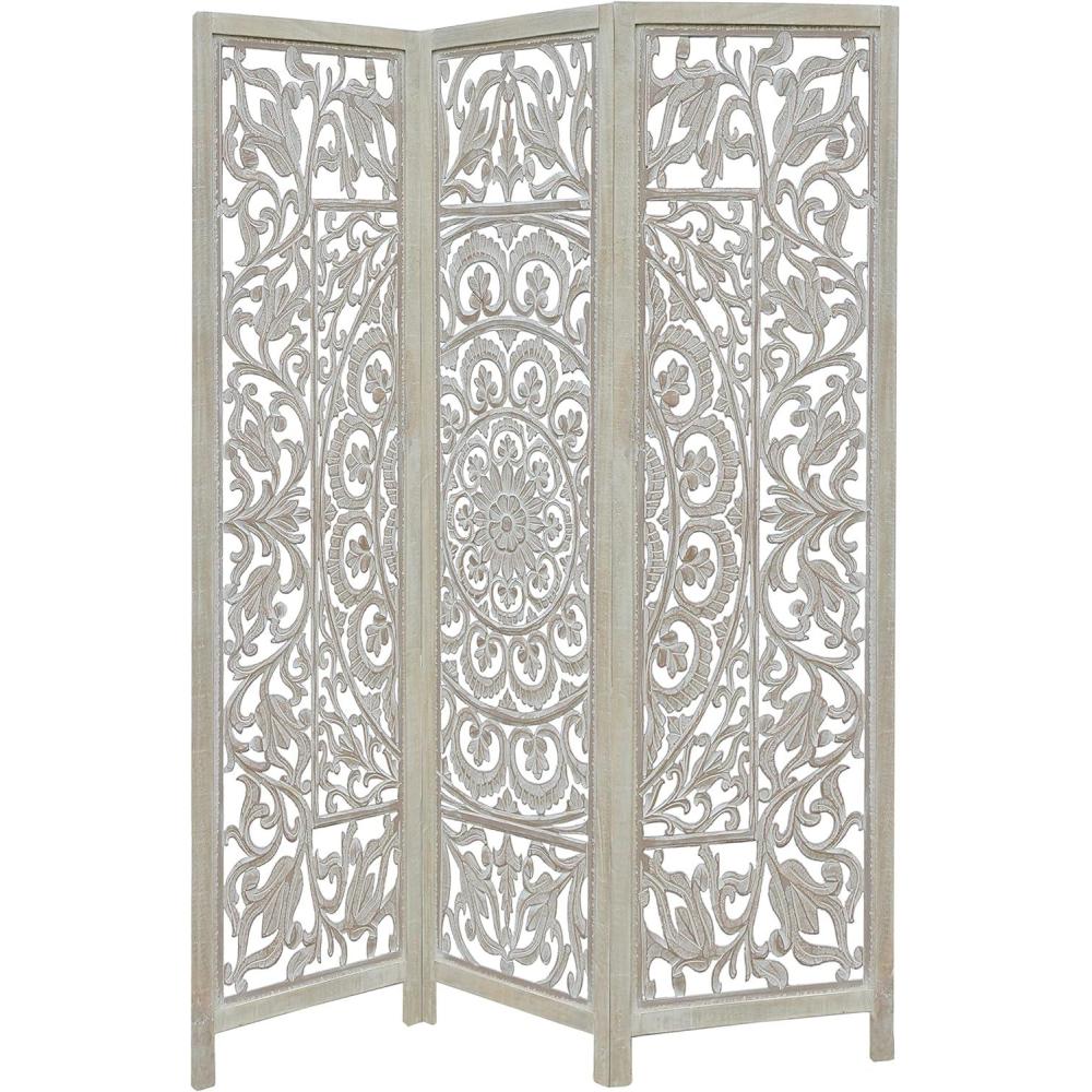 image:imageRoom Divider Wood Screen  Chitra Antique Pewter  4 Panel Folding 72 x 80  Hand Carved Decorative Functional Versatile Portable Partition Reversible Freestanding Small Spaces  COTTON CRAFTSuzani  White Wash