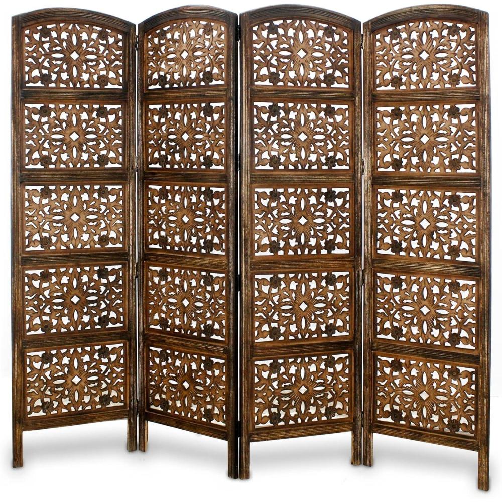 image:imageRoom Divider Wood Screen  Chitra Antique Pewter  4 Panel Folding 72 x 80  Hand Carved Decorative Functional Versatile Portable Partition Reversible Freestanding Small Spaces  COTTON CRAFTRajasthan  Antique Brown