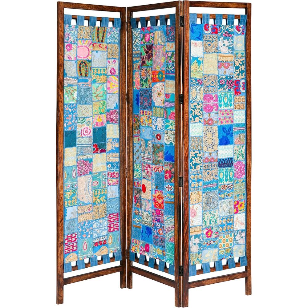 image:imageRoom Divider Wood Screen  Chitra Antique Pewter  4 Panel Folding 72 x 80  Hand Carved Decorative Functional Versatile Portable Partition Reversible Freestanding Small Spaces  COTTON CRAFTSari  Teal Multi