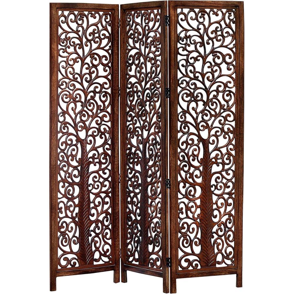 image:imageRoom Divider Wood Screen Chitra Antique Pewter 4 Panel Folding 72 x 80 Hand Carved Decorative Functional Versatile Portable Partition Reversible Freestanding Small Spaces COTTON CRAFTArbor Tree Antique Brown
