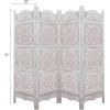 Room Divider Wood Screen – Chitra Antique Pewter – 4 Panel Folding 72 x 80 – Hand Carved Decorative Functional Versatile Portable Partition Reversible Freestanding Small Spaces – COTTON CRAFT(Medallion – White Wash)
