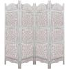 Room Divider Wood Screen – Chitra Antique Pewter – 4 Panel Folding 72 x 80 – Hand Carved Decorative Functional Versatile Portable Partition Reversible Freestanding Small Spaces – COTTON CRAFT(Medallion – White Wash)