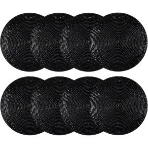 COTTON CRAFT Glitz Handmade Beaded Bar Drink Tabletop Protection Coasters – Set of 8 – Halloween Harvest Autumn Fall Thanksgiving Holiday Christmas Xmas Celebration Festive Party – 4 in Round – Black