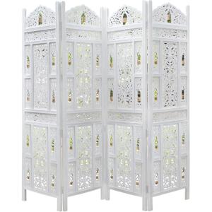Room Divider Wood Screen – Chitra Antique Pewter – 4 Panel Folding 72 x 80 – Hand Carved Decorative Functional Versatile Portable Partition Reversible Freestanding Small Spaces – COTTON CRAFT(Ghanti Bells – Antique White)