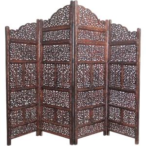 Room Divider Wood Screen – Chitra Antique Pewter – 4 Panel Folding 72 x 80 – Hand Carved Decorative Functional Versatile Portable Partition Reversible Freestanding Small Spaces – COTTON CRAFT(Mahanadi – Antique Brown)