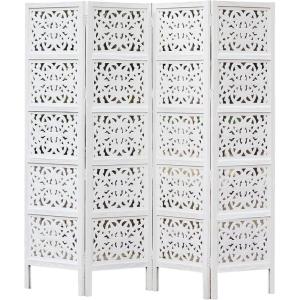 Room Divider Wood Screen – Chitra Antique Pewter – 4 Panel Folding 72 x 80 – Hand Carved Decorative Functional Versatile Portable Partition Reversible Freestanding Small Spaces – COTTON CRAFT(Rania – Antique White)