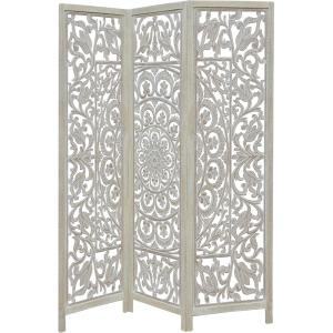 Room Divider Wood Screen – Chitra Antique Pewter – 4 Panel Folding 72 x 80 – Hand Carved Decorative Functional Versatile Portable Partition Reversible Freestanding Small Spaces – COTTON CRAFT(Suzani – White Wash)