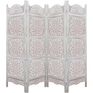 Room Divider Wood Screen – Chitra Antique Pewter – 4 Panel Folding 72 x 80 – Hand Carved Decorative Functional Versatile Portable Partition Reversible Freestanding Small Spaces – COTTON CRAFT(Medallion – White Wash)