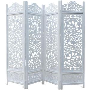 Room Divider Wood Screen – Chitra Antique Pewter – 4 Panel Folding 72 x 80 – Hand Carved Decorative Functional Versatile Portable Partition Reversible Freestanding Small Spaces – COTTON CRAFT(Kamal – Antique White)