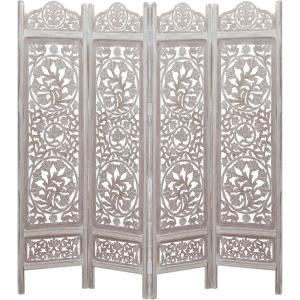 Room Divider Wood Screen – Chitra Antique Pewter – 4 Panel Folding 72 x 80 – Hand Carved Decorative Functional Versatile Portable Partition Reversible Freestanding Small Spaces – COTTON CRAFT(Kamal – White Wash)