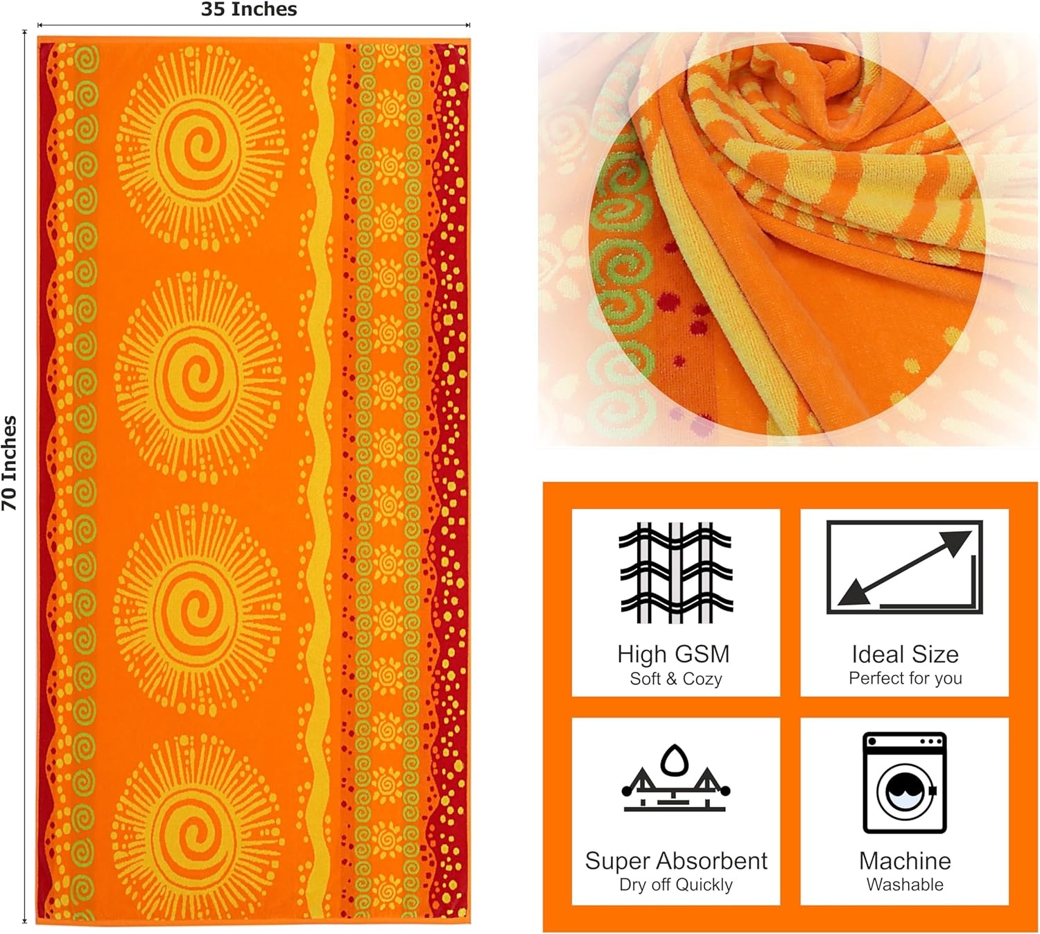 image:imageCOTTON CRAFT Oversized Beach Towel 2 Pack 35 x 70 inches XL Beach Towel 100 Cotton Velour Big amp Huge Thick Plush 450 GSM Super Soft Luxury Towel Pool Picnic Bath Cabana Stripe NavySunshine Orange Yellow