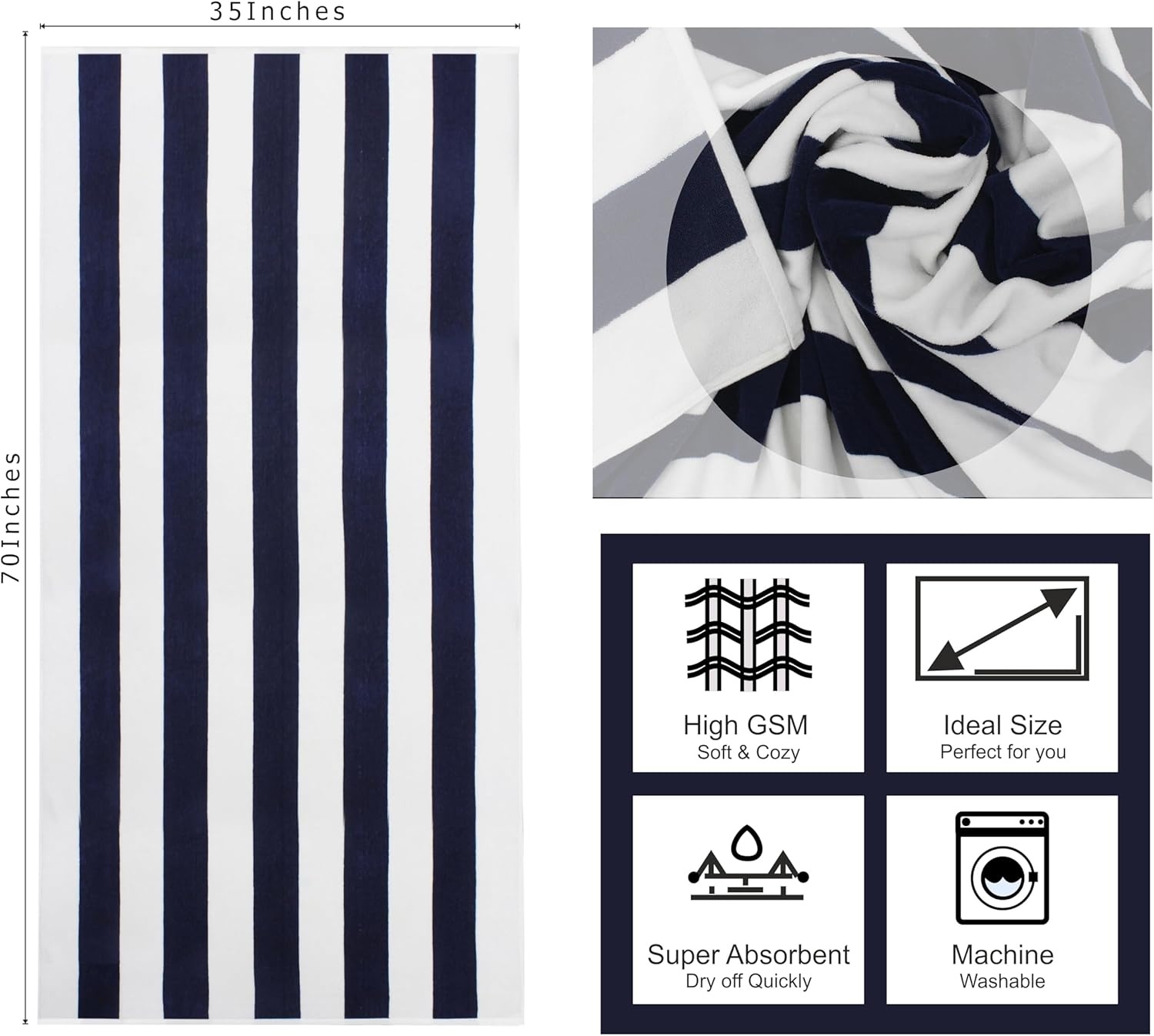 image:imageCOTTON CRAFT Oversized Beach Towel 2 Pack 35 x 70 inches XL Beach Towel 100 Cotton Velour Big amp Huge Thick Plush 450 GSM Super Soft Luxury Towel Pool Picnic Bath Cabana Stripe NavyNavy White