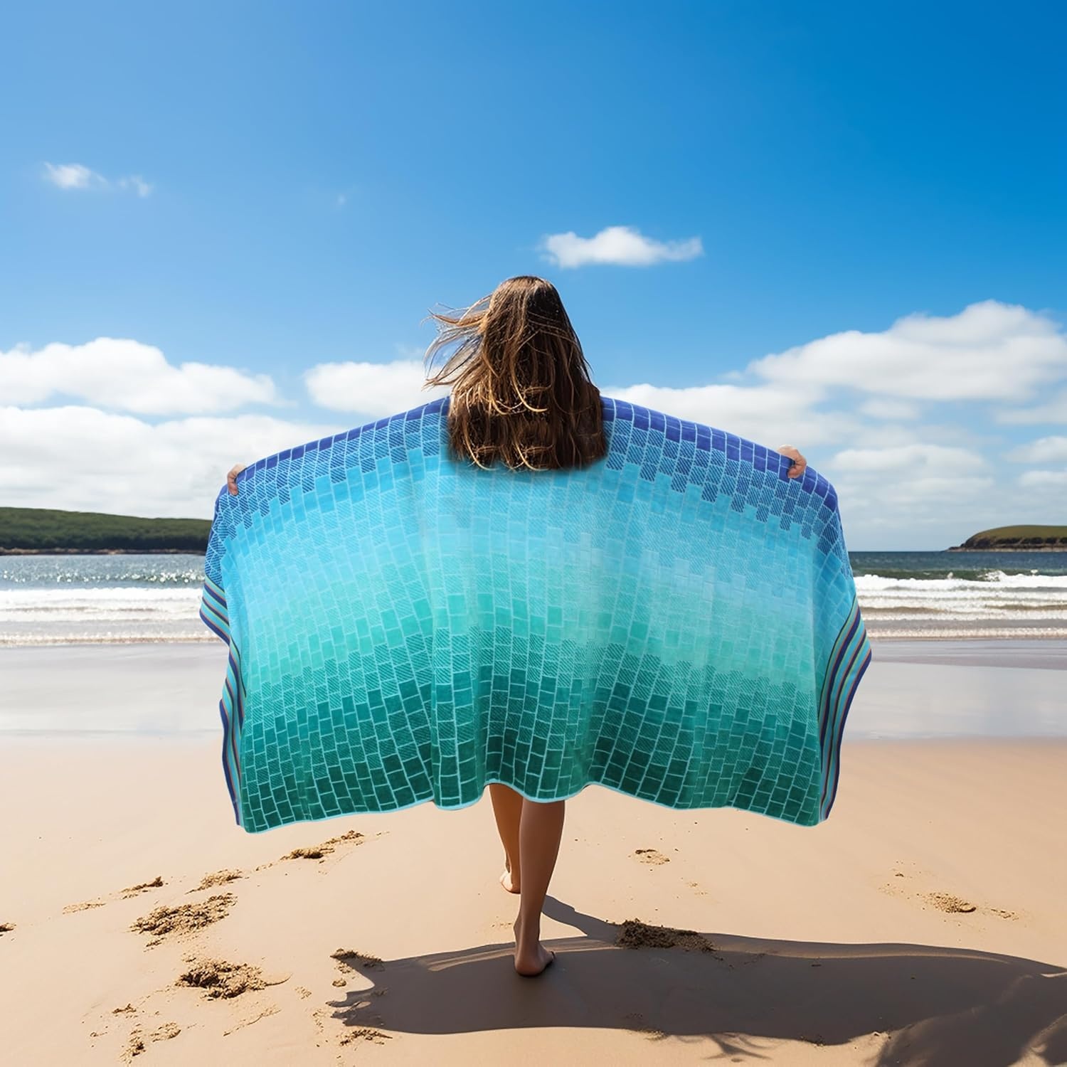 image:imageCOTTON CRAFT Oversized Beach Towel 2 Pack 35 x 70 inches XL Beach Towel 100 Cotton Velour Big amp Huge Thick Plush 450 GSM Super Soft Luxury Towel Pool Picnic Bath Cabana Stripe NavyBlue Tiles