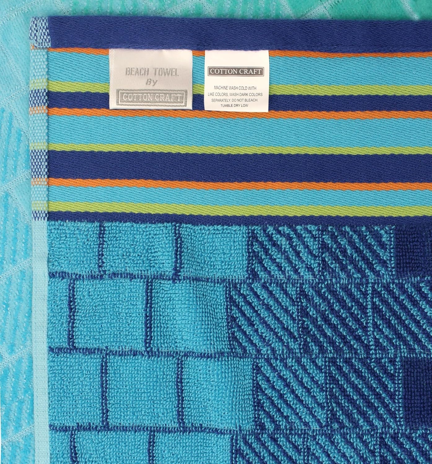 image:imageCOTTON CRAFT Oversized Beach Towel 2 Pack 35 x 70 inches XL Beach Towel 100 Cotton Velour Big amp Huge Thick Plush 450 GSM Super Soft Luxury Towel Pool Picnic Bath Cabana Stripe NavyBlue Tiles