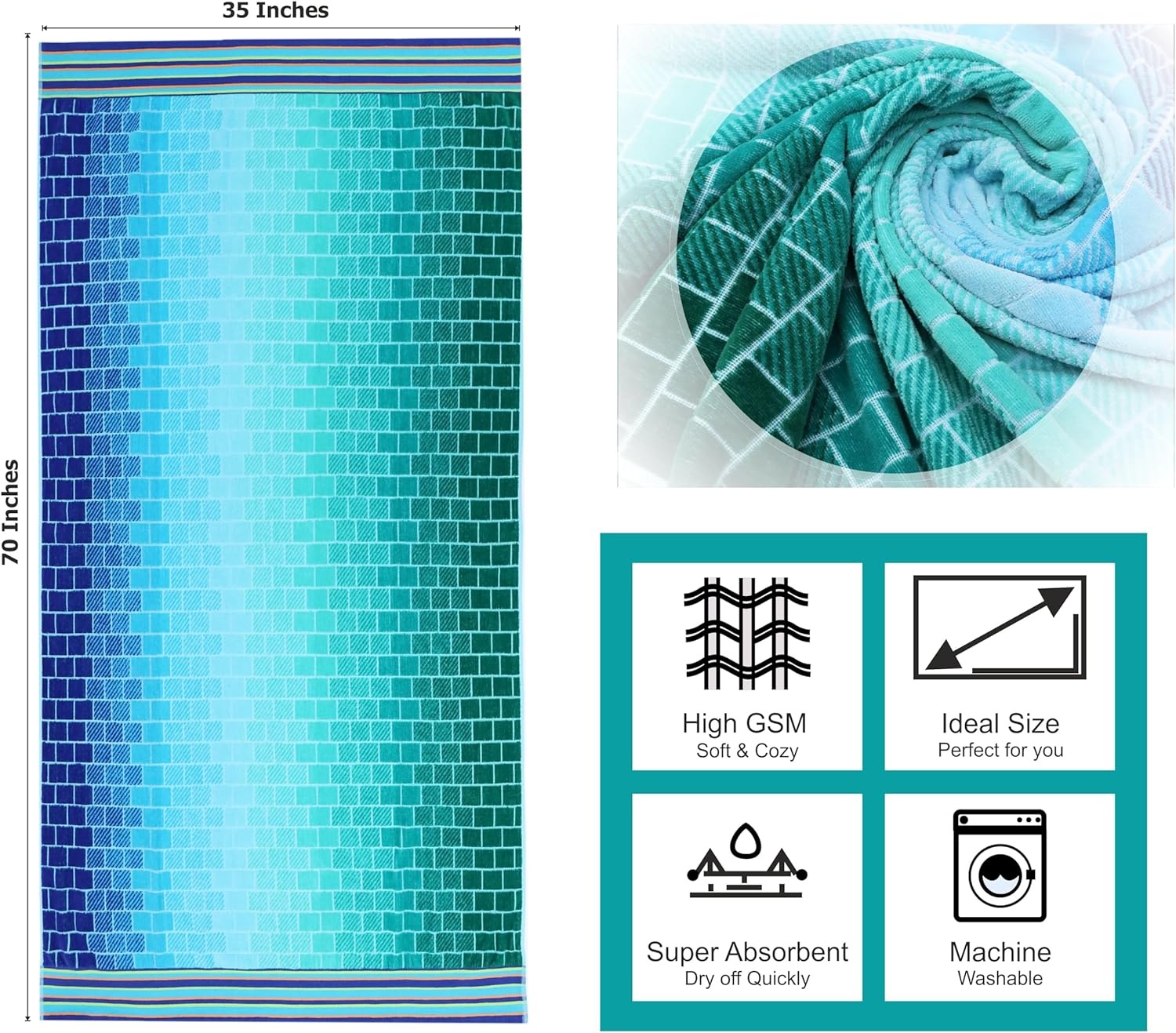 image:imageCOTTON CRAFT Oversized Beach Towel 2 Pack 35 x 70 inches XL Beach Towel 100 Cotton Velour Big amp Huge Thick Plush 450 GSM Super Soft Luxury Towel Pool Picnic Bath Cabana Stripe NavyBlue Tiles