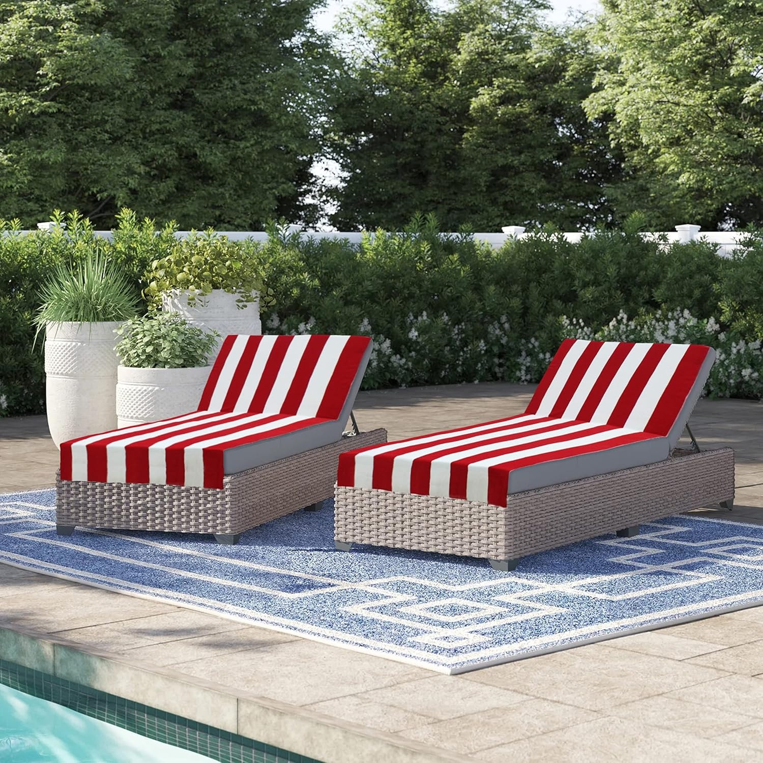 image:imageCOTTON CRAFT Pool Lounge Chair Cover 2 Pack Soft Absorbent 100 Cotton Stripe Dobby Terry Towel Chaise Lounge Beach Chair Cover Oversized 32 W x 82 Length x 7 inch Pocket BlueRed White