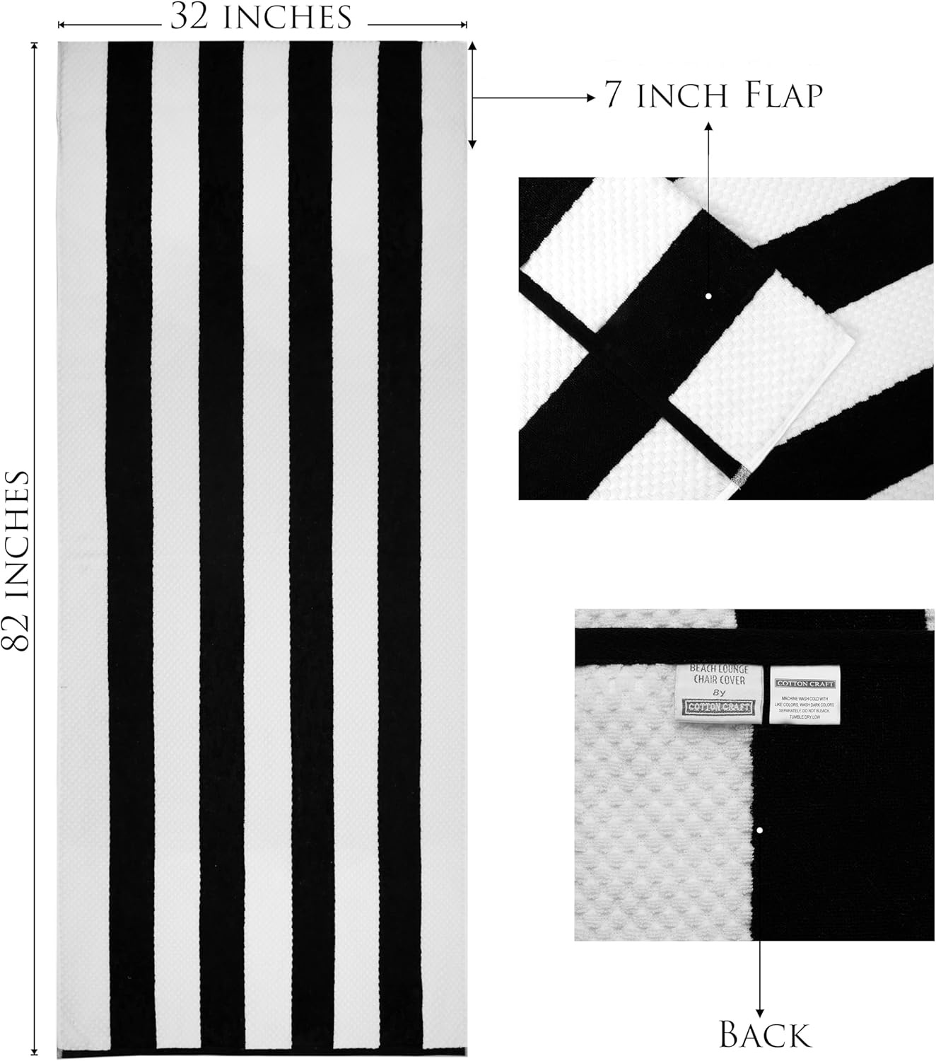 image:imageCOTTON CRAFT Pool Lounge Chair Cover 2 Pack Soft Absorbent 100 Cotton Stripe Dobby Terry Towel Chaise Lounge Beach Chair Cover Oversized 32 W x 82 Length x 7 inch Pocket BlueBlack