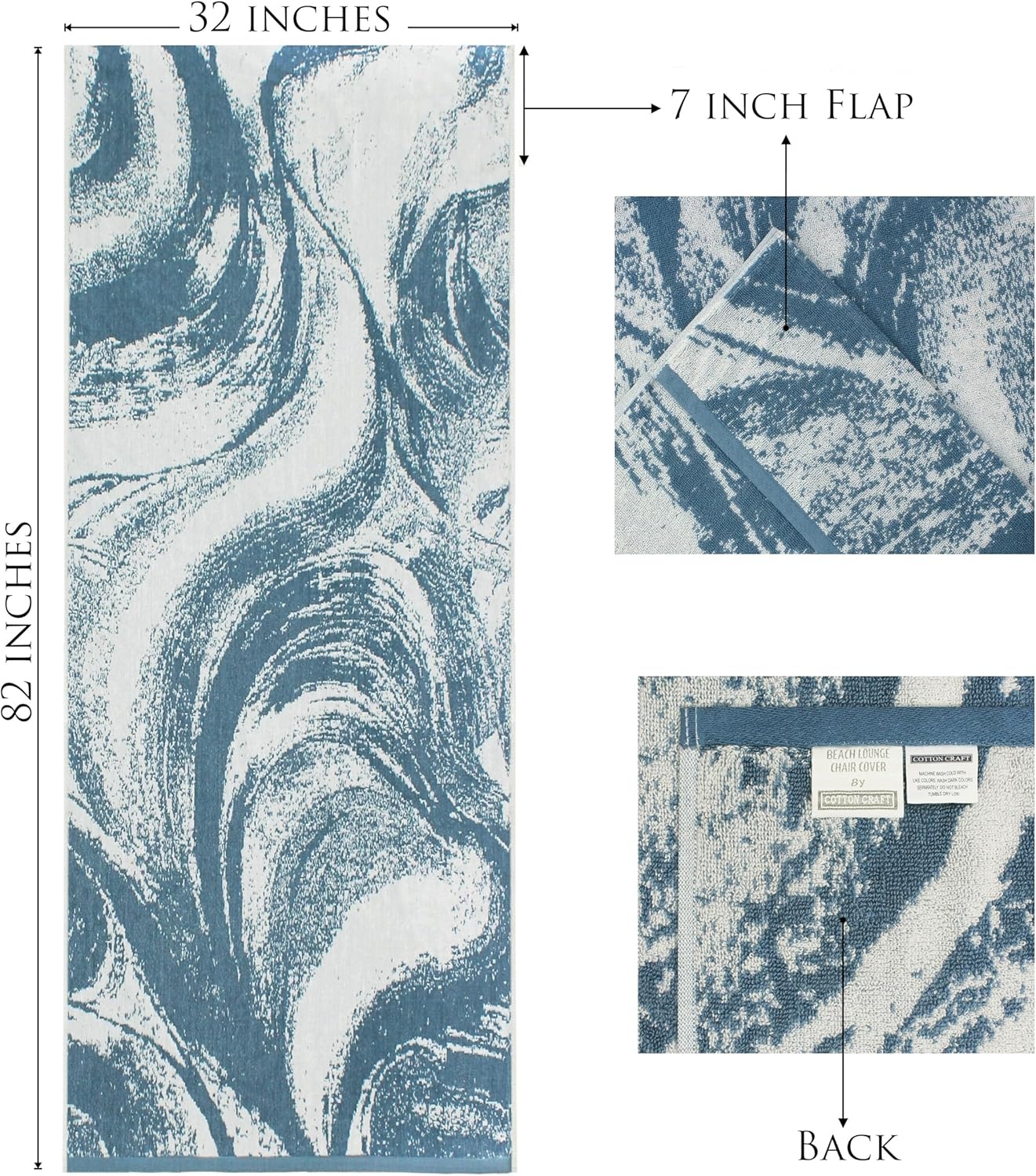 image:imageCOTTON CRAFT Pool Lounge Chair Cover 2 Pack Soft Absorbent 100 Cotton Stripe Dobby Terry Towel Chaise Lounge Beach Chair Cover Oversized 32 W x 82 Length x 7 inch Pocket BlueWaves Surf Blue