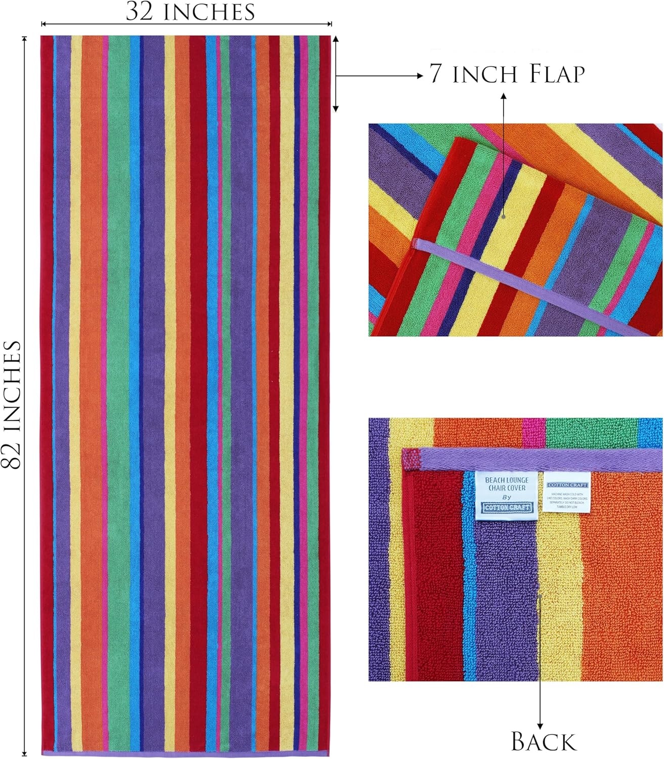image:imageCOTTON CRAFT Pool Lounge Chair Cover 2 Pack Soft Absorbent 100 Cotton Stripe Dobby Terry Towel Chaise Lounge Beach Chair Cover Oversized 32 W x 82 Length x 7 inch Pocket BlueSummer of Siam