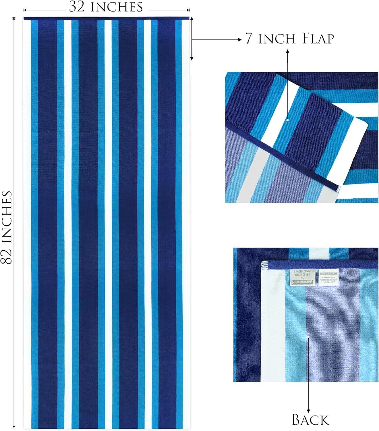 image:imageCOTTON CRAFT Pool Lounge Chair Cover 2 Pack Soft Absorbent 100 Cotton Stripe Dobby Terry Towel Chaise Lounge Beach Chair Cover Oversized 32 W x 82 Length x 7 inch Pocket BlueBlue White