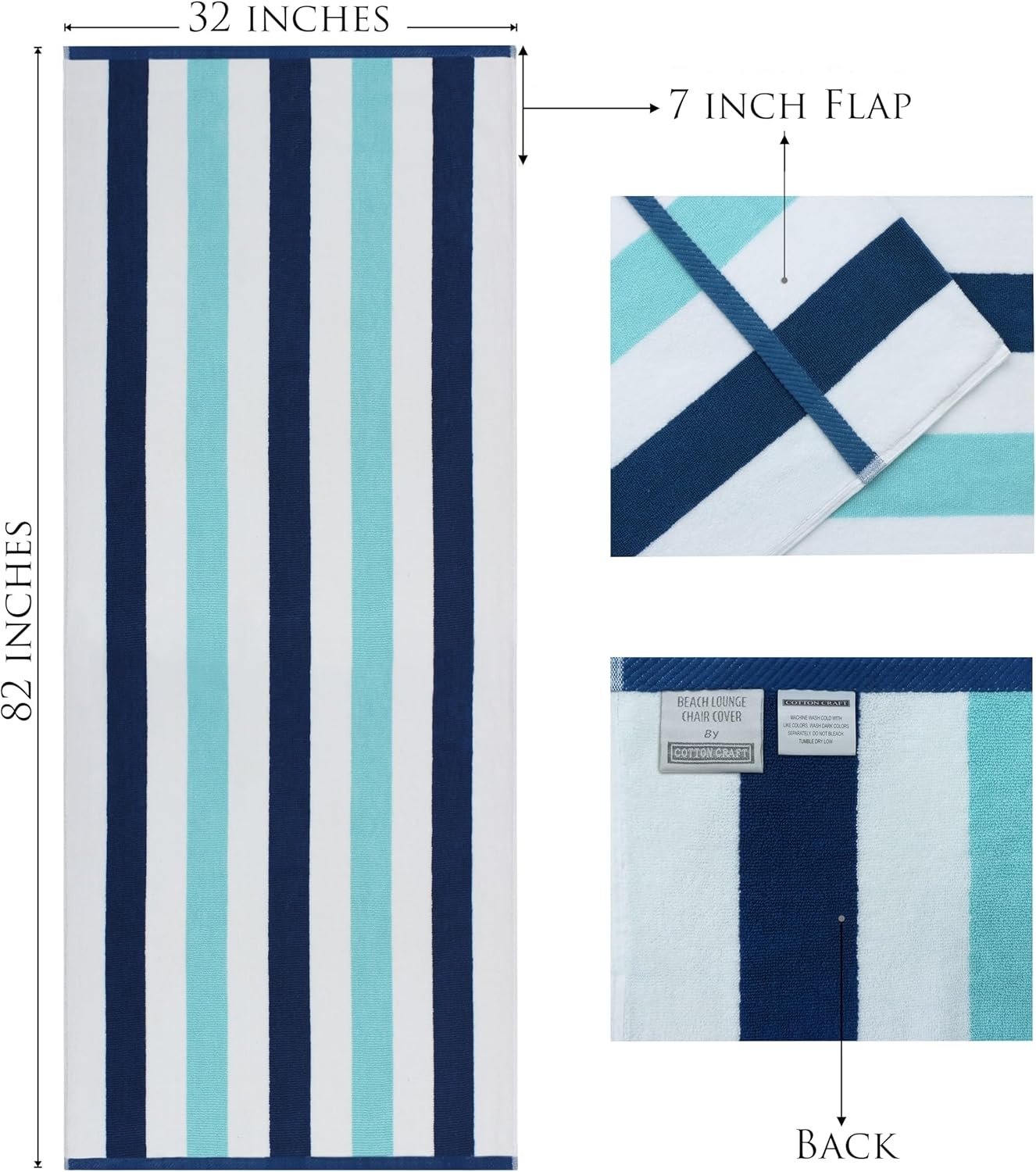 image:imageCOTTON CRAFT Pool Lounge Chair Cover 2 Pack Soft Absorbent 100 Cotton Stripe Dobby Terry Towel Chaise Lounge Beach Chair Cover Oversized 32 W x 82 Length x 7 inch Pocket BlueOcean Blue Stripe