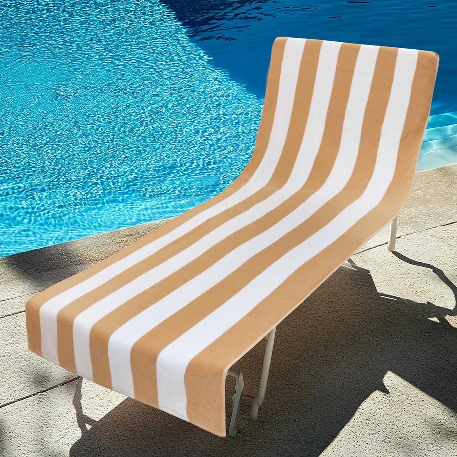 image:imageCOTTON CRAFT Pool Lounge Chair Cover 2 Pack Soft Absorbent 100 Cotton Stripe Dobby Terry Towel Chaise Lounge Beach Chair Cover Oversized 32 W x 82 Length x 7 inch Pocket BlueLinen White