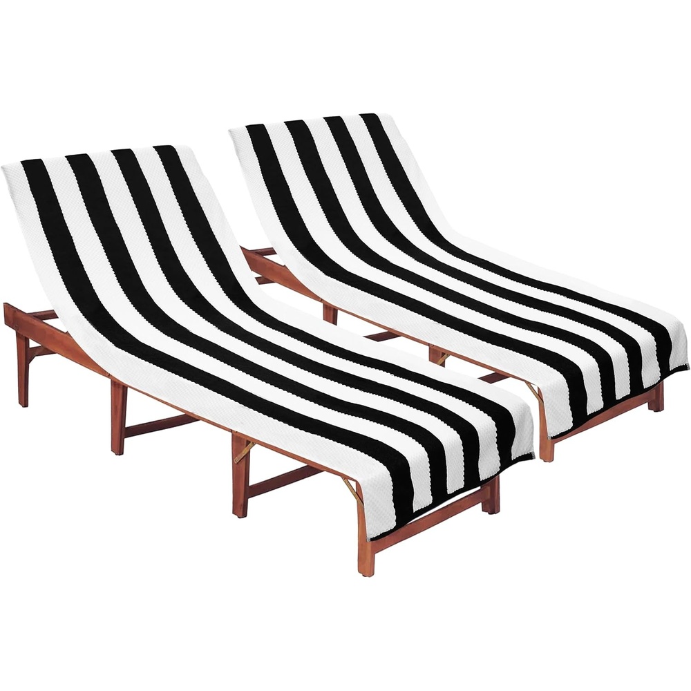 image:imageCOTTON CRAFT Pool Lounge Chair Cover  2 Pack  Soft Absorbent 100 Cotton Stripe Dobby Terry Towel Chaise Lounge Beach Chair Cover  Oversized 32 W x 82 Length x 7 inch Pocket  BlueBlack