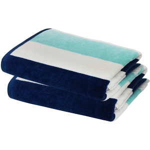 COTTON CRAFT Oversized Beach Towel – 2 Pack 35 x 70 inches XL Beach Towel – 100% Cotton Velour – Big & Huge – Thick Plush 450 GSM Super Soft Luxury Towel – Pool Picnic Bath – Cabana Stripe Navy(Ocean Blue)