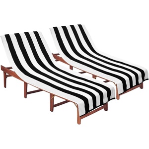 COTTON CRAFT Pool Lounge Chair Cover – 2 Pack – Soft Absorbent 100% Cotton Stripe Dobby Terry Towel Chaise Lounge Beach Chair Cover – Oversized 32 W x 82 Length x 7 inch Pocket – Blue(Black)