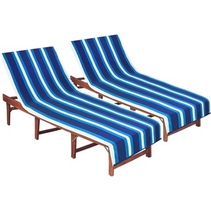 COTTON CRAFT Pool Lounge Chair Cover – 2 Pack – Soft Absorbent 100% Cotton Stripe Dobby Terry Towel Chaise Lounge Beach Chair Cover – Oversized 32 W x 82 Length x 7 inch Pocket – Blue(Blue White)